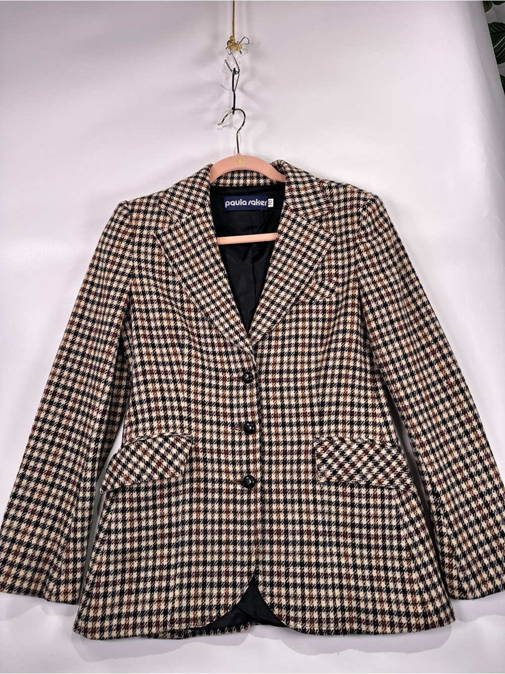 Paula Saker Vintage Blazer Suede Patches Houndstooth Tan Size 10 - Picture 2 of 13